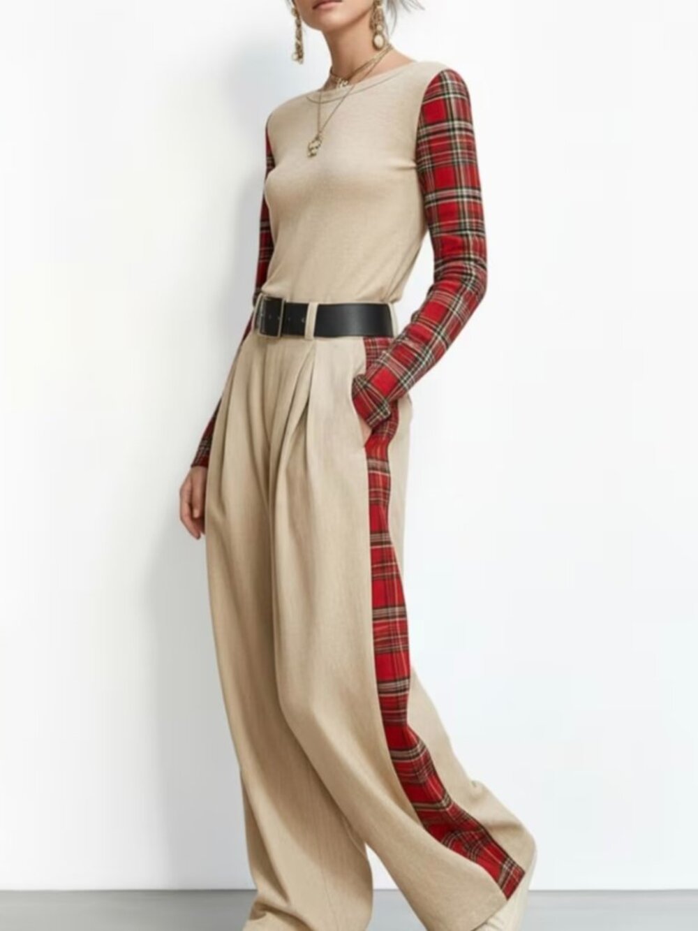 2pcs Women Fall Winter Retro Plaid Patchwork Outfit Set Boat Neck Long Sleeve